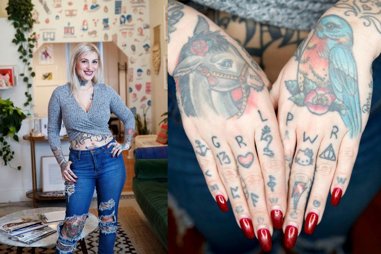 Jessica Dwyer, co-owner sanggar tato Nice Tattoo, membangun tempatnya untuk memberika kenyamanan bagi semua kliennya. (Kanan) Punggung tangan Jessica dipenuhi dengan rajahan, yang salah satunya bertulis GRL PWR (kekuatan perempuan) yang melintas dari tangan kiri ke kanan. 
