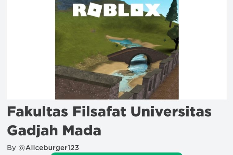 Tangkapan layar game Roblok Fakultas Filsafat UGM. Game ini menjadi media untuk mengenalkan lingkungan Fakultas Filsafat UGM kepada mahasiswa baru.