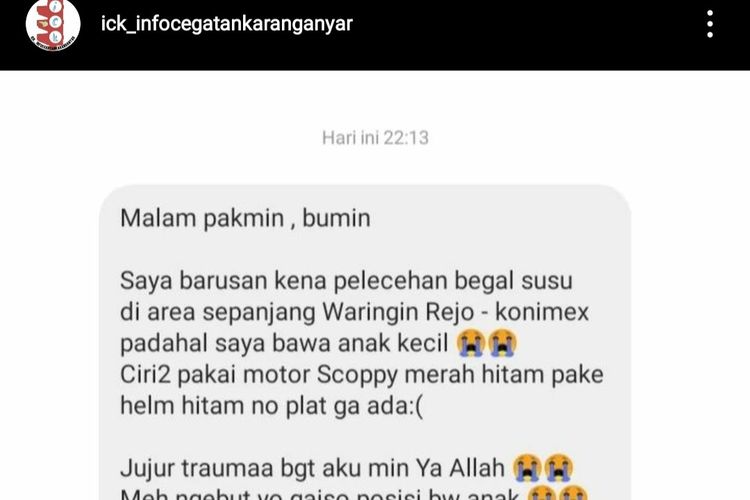 Tangkapan layar curhatan korban aksi begal payudara di Sukoharjo, Jawa Tengah.