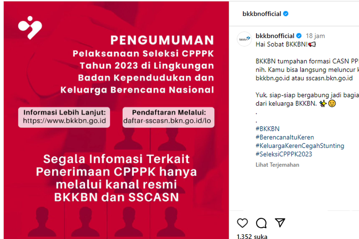 Tangkapan layar pengumuman pengadaan PPPK BKKBN 2023. BKKBN membuka 2.044 formasi PPPK untuk tiga jabatan dengan berbagai kualifikasi pendidikan, termasuk SMA/sederajat.
