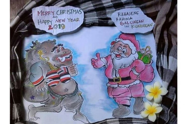 Meme toleransi yang tersebar di Twitter menampilkan sosok sinterklas dan buta  yang saling mengucapkan Galungan dan Natal.