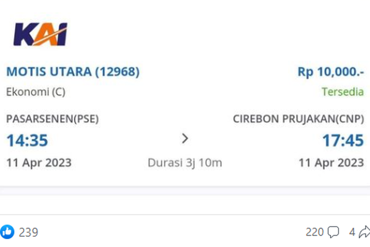 Tangkapan layar tiket KA Motis.