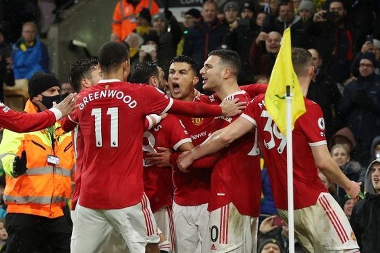 Suasana perayaan gol Cristiano Ronaldo pada laga pekan ke-16 Liga Inggris yang mempertemukan Norwich City vs Man United di Stadion Carrow Road, Minggu (12/12/2021) dini hari WIB. Laga Norwich vs Man United berakhir 1-0 untuk kemenangan tim tamu.