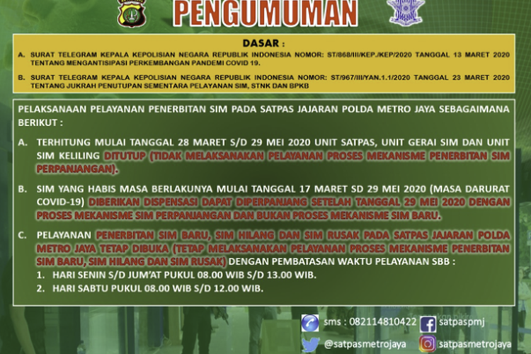 Dispensasi pelayanan SIM selama masa darurat virus corona (Covid-19)