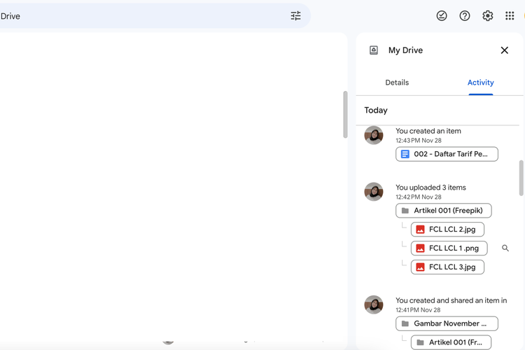 Ilustrasi cara cek panel aktivitas di Google Drive 