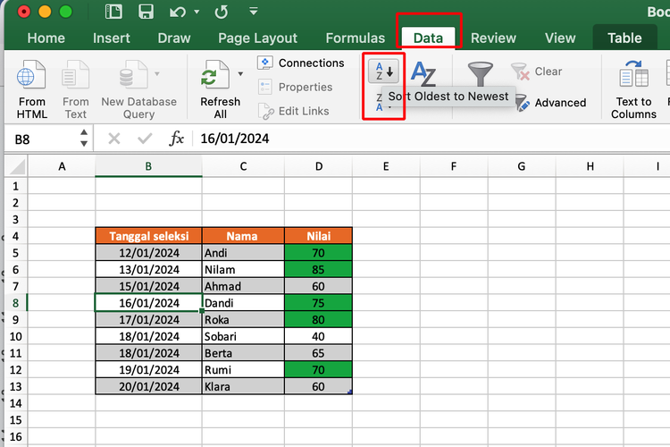 Ilustrasi cara mengurutkan tanggal di Excel.