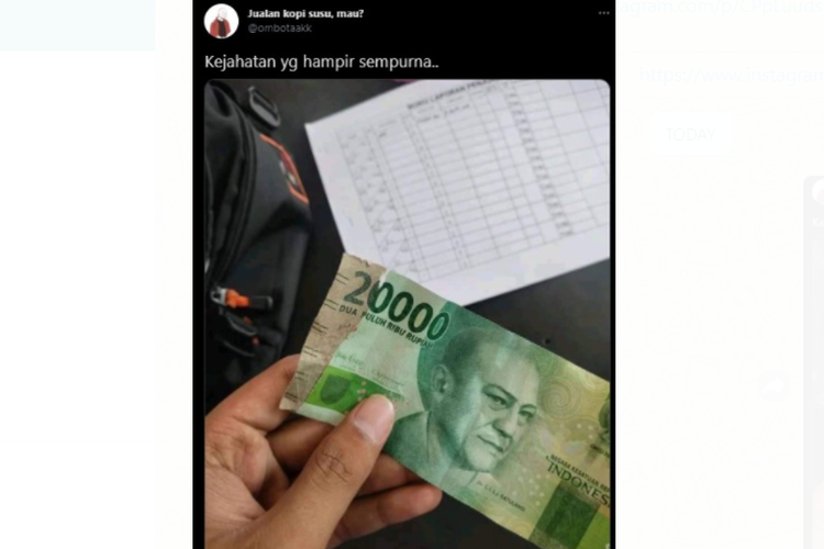 Tangkapan layar unggahan yang menampilkan uang kertas pecahan Rp 20.000 yang robek dan ditambal dengan uang kertas lain.