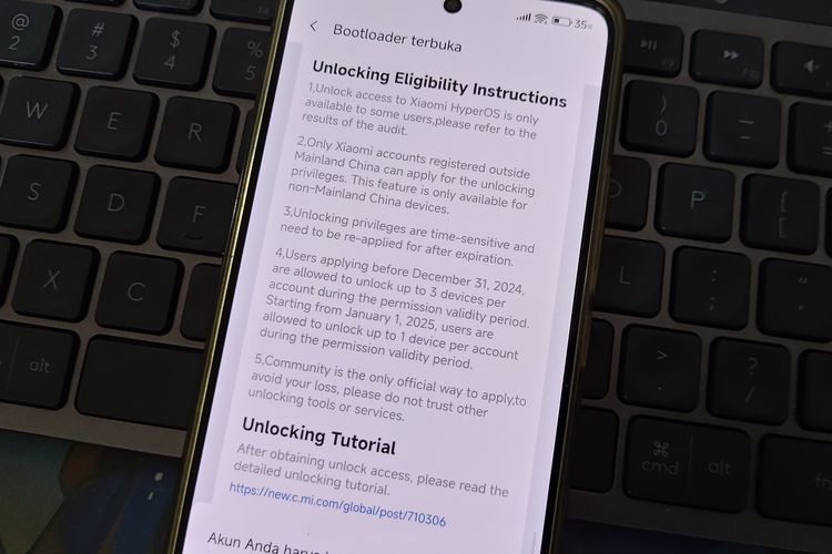 Tampilan kebijakan unlock bootloader terbaru di HP Xiaomi.