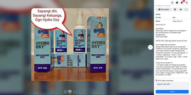 Tangkapan layar unggahan di Facebook akun yang tengah mempromosikan produk Hydro Oxy yang diklaim dapat menangkal virus corona.