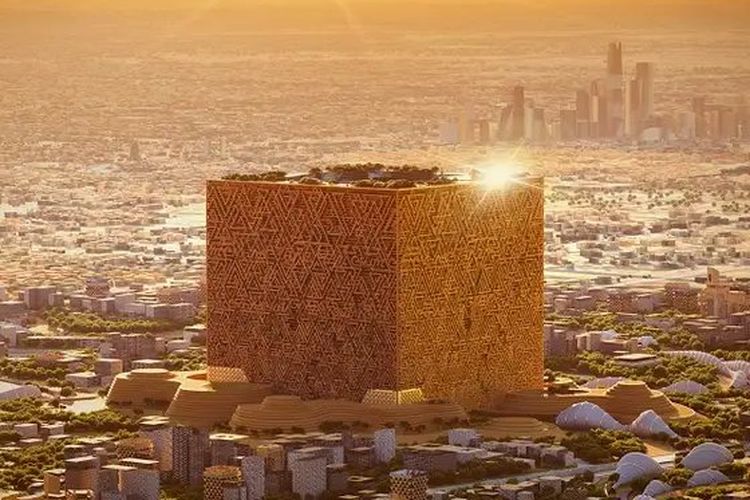 Gambar desain gedung raksasa berbentuk kubus The Mukaab yang hendak dibangun Arab Saudi di tengah pusat kota baru yang ada di wilayah ibu kota Riyadh. Pembangunan gedung itu dikritik salah satunya karena mirip Ka'bah.