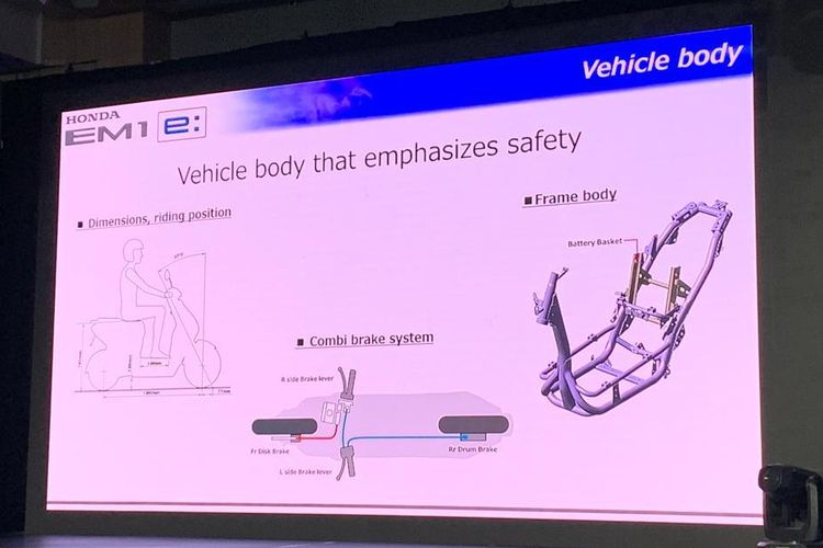 Slide presentasi Honda EM1e:, yang menampilkan penggunaan rangka pipa tubular.