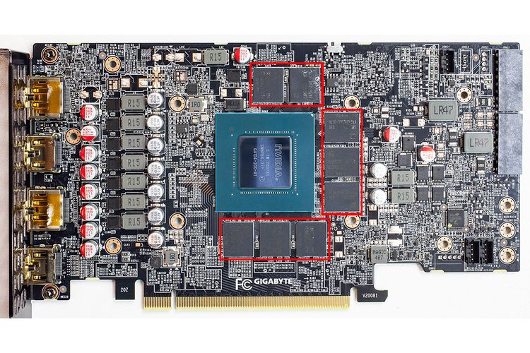 Chip memori VRAM ditempatkan mengelilingi chip GPU di kartu grafis (ditandai kotak merah dalam gambar ini). Penampang PCB ini biasanya tak terlihat karena tersembunyi di balik cooler berukuran besar atau lempengan pendingin di laptop. Untuk kartu grafis dalam gambar, kapasitas VRAM-nya adalah 8 GB, terdiri dari 8 chip memori yang masing-masing berkapasitas 1 GB.