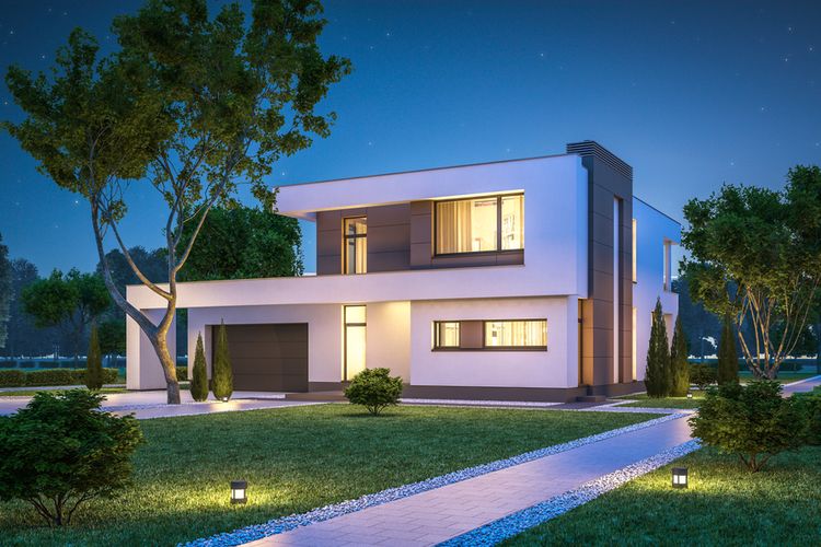 Ilustrasi rumah dengan pencahayaan outdoor modern