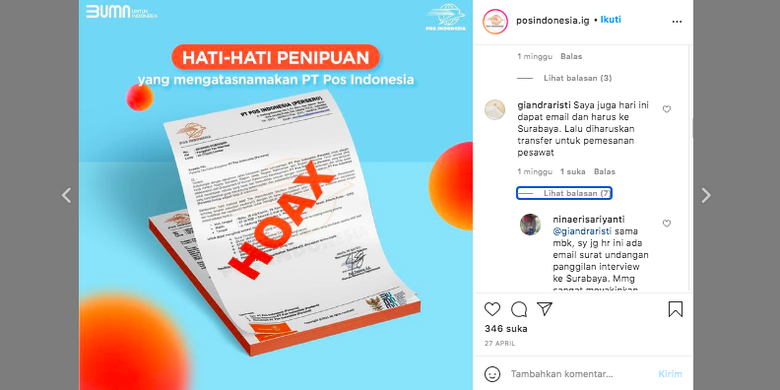 Tangkapan layar penipuan rekrutmen yang mengatasnamakan PT Pos Indonesia