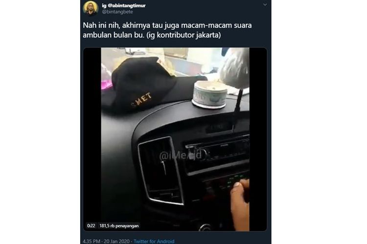 Tangkapan layar video penjelasan perbedaan diduga suara sirene ambulans beredar di media sosial Twitter pada Senin (20/1/2020).