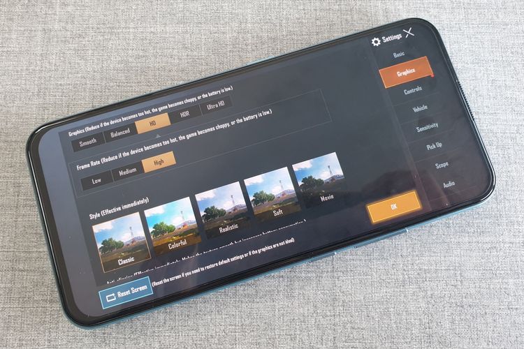 pengaturan kualitas grafis di PUBG Mobile pada Vivo V17 Pro 