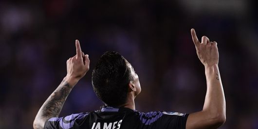 James Rodriguez merayakan gol Real Madrid ke gawang Leganes pada partai La Liga - kasta pertama Liga Spanyol, 5 April 2017.
