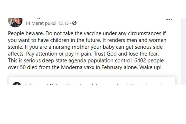 Tangkapan layar unggahan hoaks di Facebook yang berisi vaksin Covid-19 untuk ibu menyusui berbahaya bagi anak