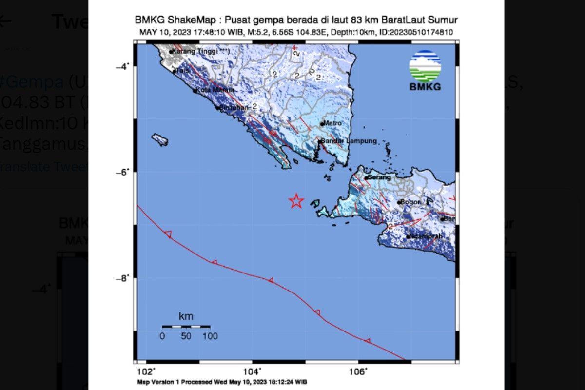 Tangkapan Layar Twitter @infobmkg Gempa Selat Sunda. Gempa Selat Sunda, Banten berkekuatan M 5,2, berlokasi di laut pada jarak 58 Km arah Selatan Pematang Sawa, Tanggamus, Lampung pada kedalaman 10 km.