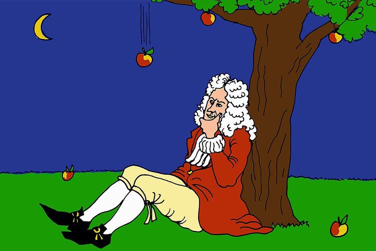 Kartun yang mengilustrasikan awal mula teori gravitasi oleh Isaac Newton.