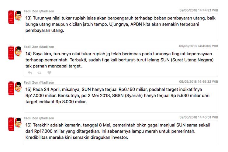 Twit Wakil Ketua DPR Fadli Zon soal pelemahan rupiah.