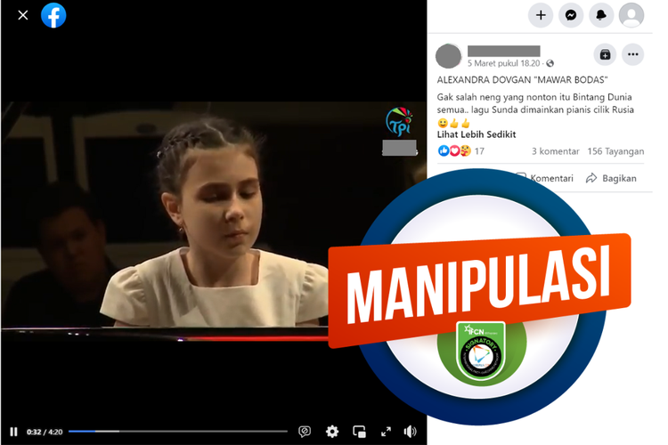 Tangkapan layar unggahan berisi konten manipulasi di sebuah akun Facebook, Minggu (5/3/2023), yang menyebut pianis Alexandra Dovgan disebut memainkan lagu Sunda berjudul Mawar Bodas.