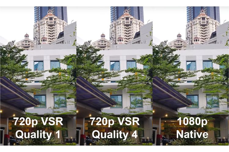 Perbandingan hasil gambar video YouTube resolusi 720p dengan setting VSR 1 (kiri), 720p dengan VSR setting 4 (tengah), dan resolusi 1080p