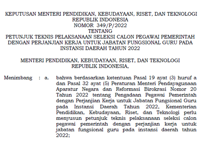 Tangkapan layar salinan Keputusan Menteri Pendidikan, Kebudayaan, Riset, dan Teknologi (Kepmendikbudristek) Nomor 349/P/2022 tentang Petunjuk Teknis Pelaksanaan Seleksi Calon PPPK untuk JF Guru pada Instansi Daerah Tahun 2022. Di dalamnya mengatur rencana enjadwalan seleksi calon PPPK Guru 2022.