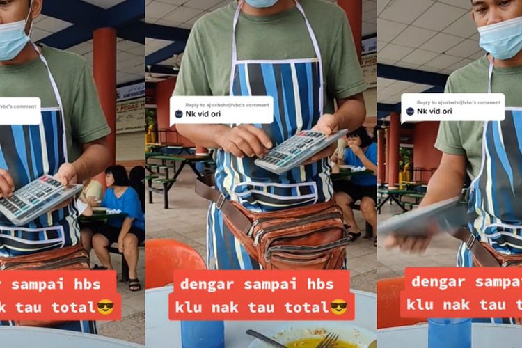 Kolase tangkapan layar dari video viral di Malaysia, tentang pedagang warung yang menghitung cepat pesanan pembeli dengan kalkulator. Video ini direkam di Gerai Asam Pedas Parit Jawa distrik Muar, negara bagian Johor, Malaysia.
