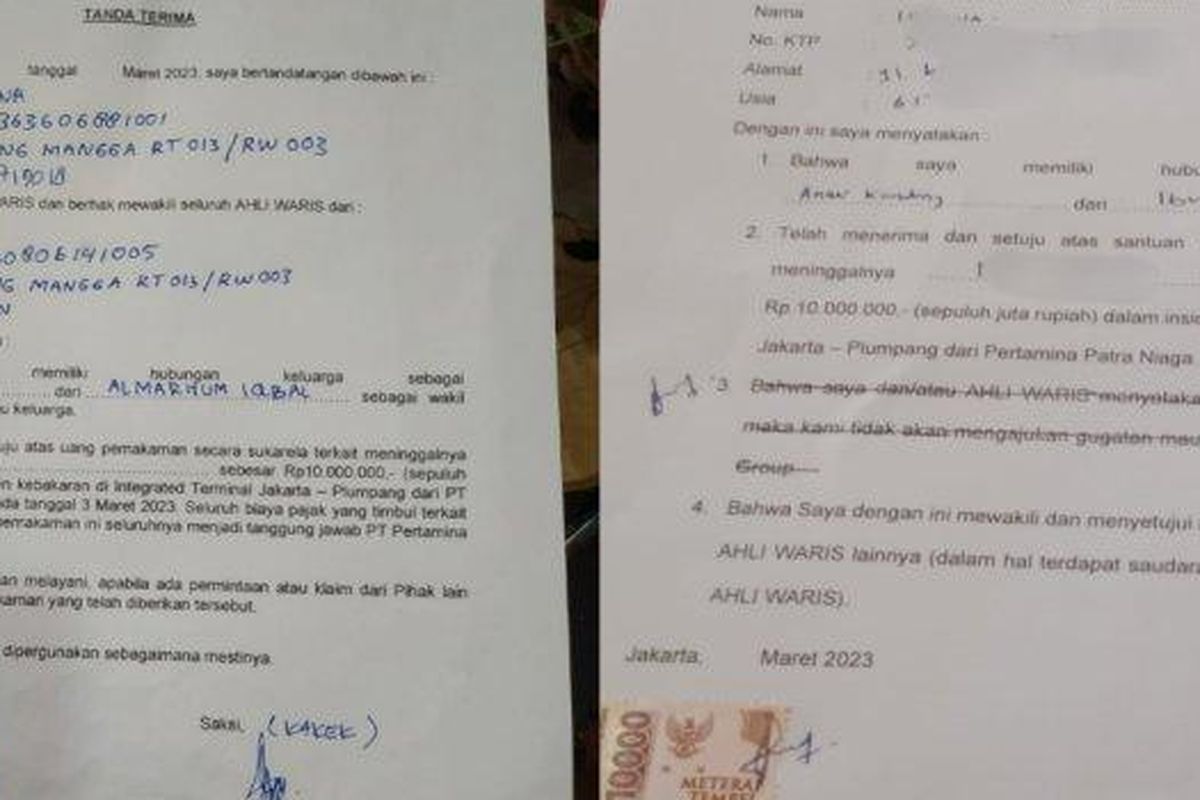 Penampakan dua versi surat diduga dari Pertamina seiring penyerahan uang Rp 10 juta kepada keluarga korban tewas Plumpang.