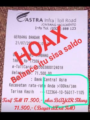 Struk tarif tol dan biara tarif di Gerbang Tol Jombang, Jawa Timur, dipastikan hoax oleh pengelola tol, Astra Infra.