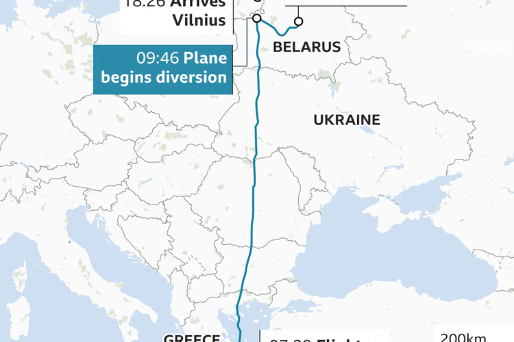  Semula pesawat Ryanair terbang dari Yunani menuju Lithuania tetapi dipaksa mendarat di Minsk, Belarus pada Minggu (23/5/2021), dengan dalih ada bom di dalam pesawat. 
