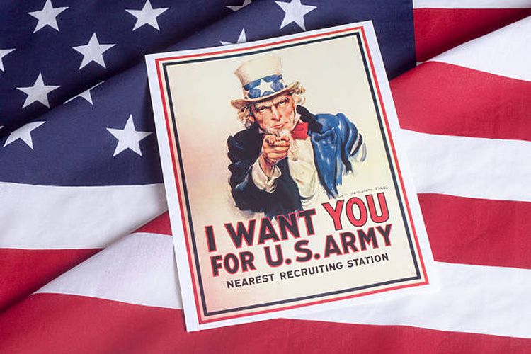 Ilustrasi poster rekrutmen tentara Amerika Serikat selama Perang Dunia I, yang berisi potret Paman Sam.
