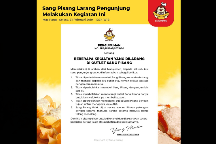 Kaesang Pangarep melalui akun Twitter @kaesangp mengeluarkan surat edaran Sang Pisang yang nyeleneh.