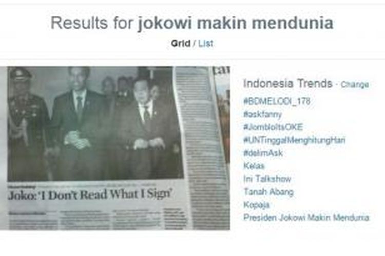 Artikel di Jakarta Globe memicu percakapan Jokowi Makin Mendunia masuk dalam trending topics Twitter, Rabu (8/4/2015) sore.