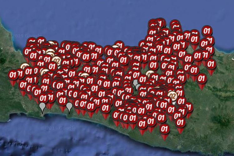 Peta sebaran hitung cepat atau quick count Pilpres 2019 yang dirilis oleh Litbang Kompas pada Rabu (17/4/2019) hingga pukul 21.00 WIB di di Jawa Tengah dan DI Yogyakarta.