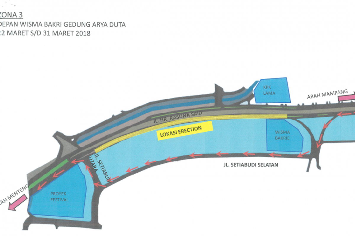 Denah pengalihan arus lalu lintas di Jalan HR Rasuna Said saat berlangsungnya pekerjaan erection u-shape LRT Cawang-Dukuh Atas pada 22-31 Maret 2018.