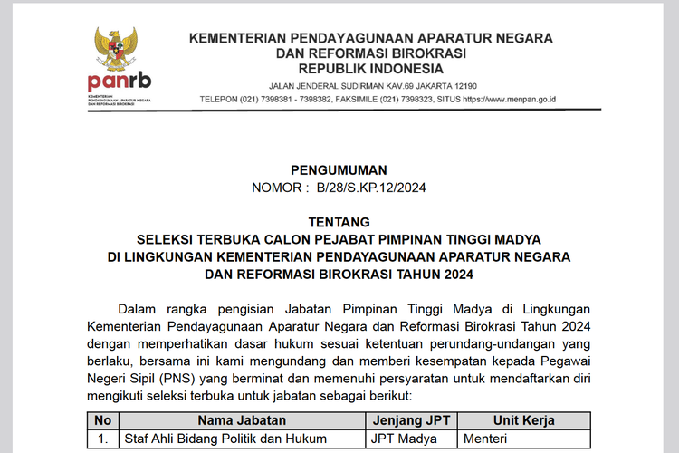 Lowongan Staf Ahli Menteri Bidang Politik dan Hukum KemenpanRB.