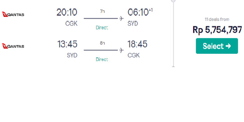 Tangkapan layar Skyscanner, rute Jakarta-Sydney pulang pergi.