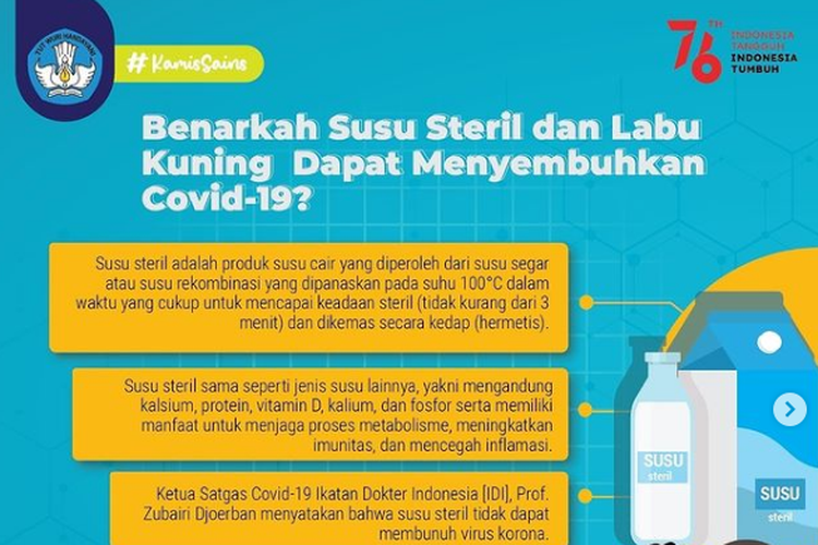 Kementerian Pendidikan, Kebudayaan, Riset dan Teknologi (Kemendikbud Ristek) memberi penjelasan terkait kabar susu steril dan labu kuning yang dianggap dapat menyembuhkan Covid-19.