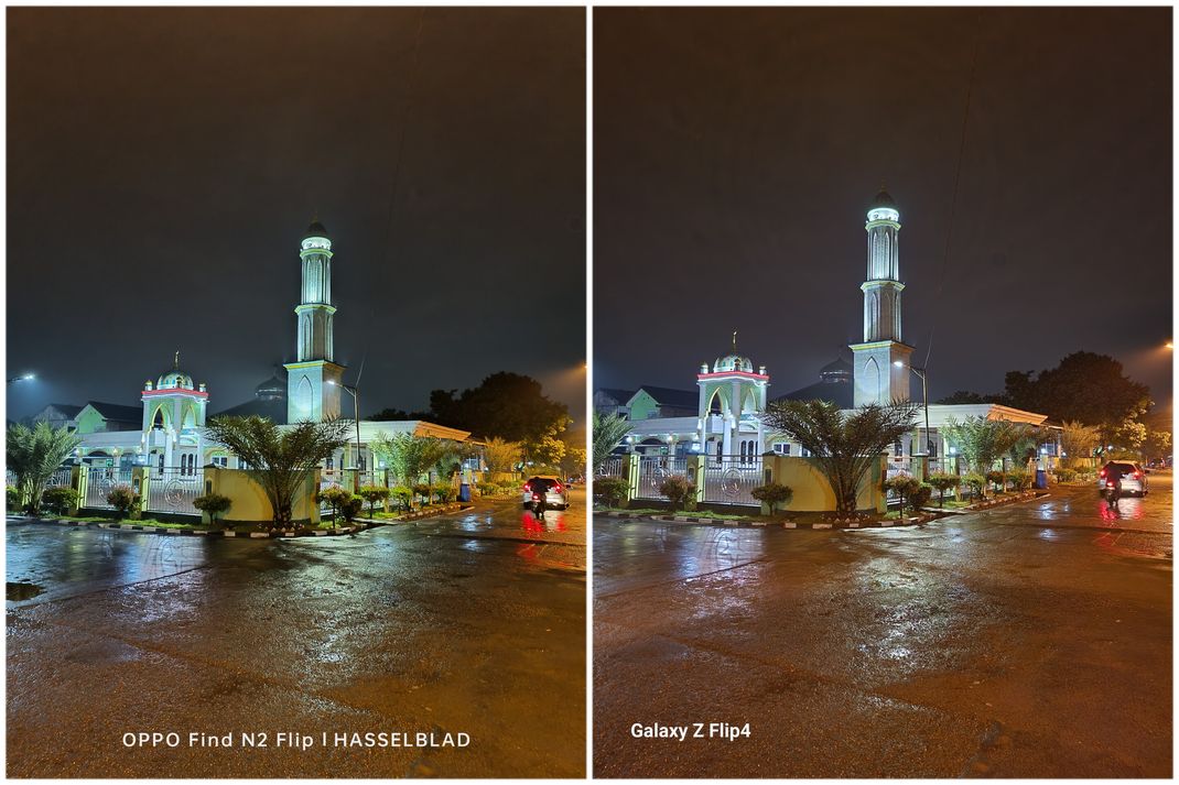 Hasil foto kamera utama Oppo Find N2 Flip 50 MP (f/1.8) di sebelah kiri dan Samsung Galaxy Z Flip 4 12 MP (f/1.8) di sebelah kanan memotret tempat ibadah masjid di malam hari