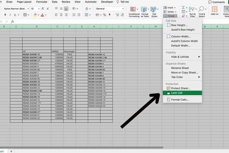 ilustrasi cara kunci sel di Excel 