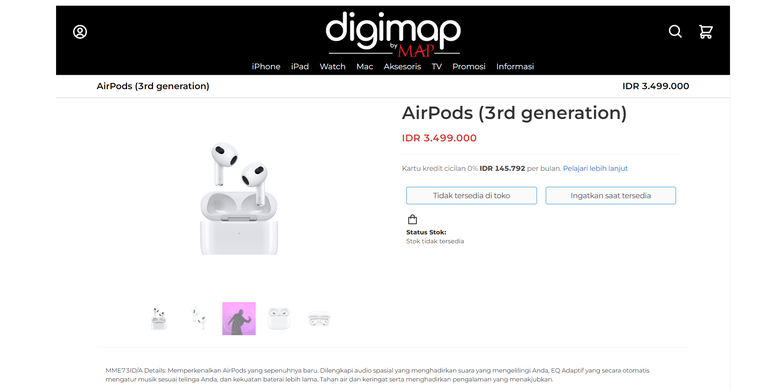 Tangkapan layar dari AirPods 3 yang sudah dipajang di situs Digimap.