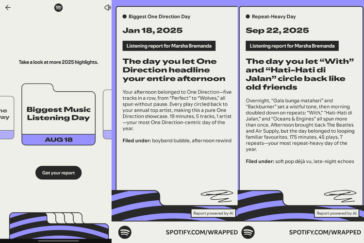 Tampilan fitur Listening Archive di Spotify Wrapped 2025. Fitur ini memberikan setidaknya lima insight unik mengenai kebiasaan mendengarkan harian pengguna di platform. 