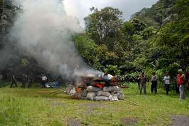 Pemusnahan barang bukti kejahatan kehutanan di Balai Besar Taman Nasional Gunung Gede Pangrango (TNGGP) Resort Selabintana, Sukabumi, Jawa Barat, Kamis (29/9/2016).  