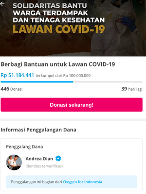 Tangkapan layar penggalangan dana di Kitabisa yang diinisiasi Andrea Dian. Donasi yang terkumpul lewat sudah mencapai Rp 51.184.441 hingga Jumat (23/7/2021) malam