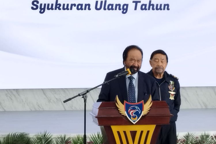 Ketua Umum Partai Nasdem Surya Paloh di Akademi Bela Negara Nasdem, Jakarta Selatan, Kamis (2/5/2024). 