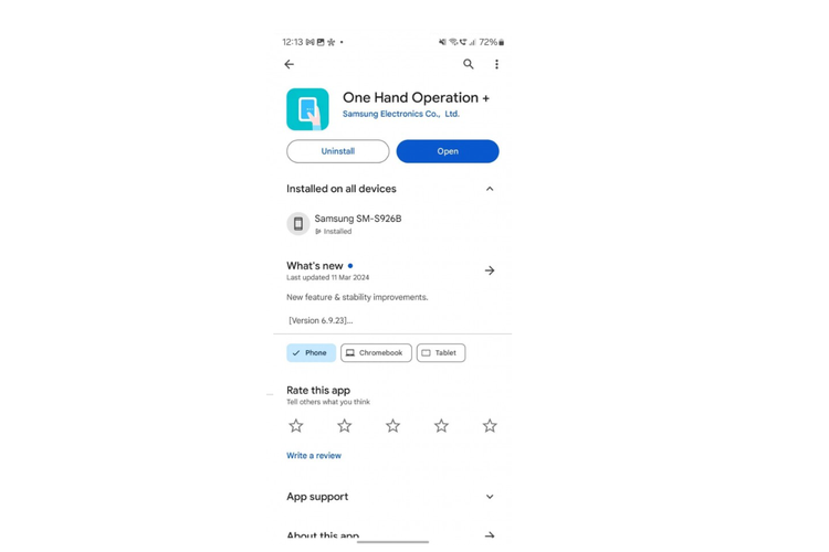 Halaman aplikasi One Hand Operation Plus di Google Play Store
