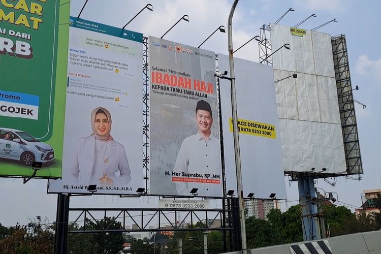 Baliho bergambar bakal calon wali kota mulai bertebaran di Overpass Manahan, Kota Solo, Jawa Tengah (Jateng), pada Rabu (22/5/2024)