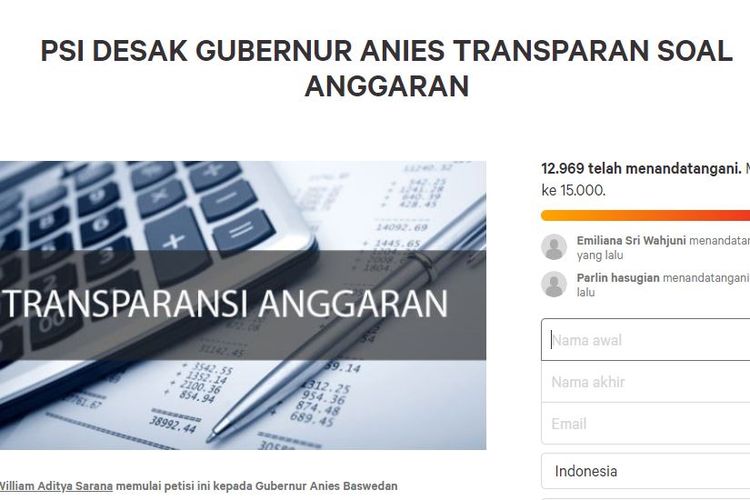 Petisi yang dibuat politisi PSI William Aditya Sarana agar Gubernur DKI Jakarta Anies Baswedan membuka anggaran RAPBD DKI Jakarta 2020 sampai ke level komponen.
